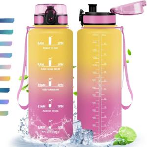 HoneyHolly Gourde, 500/1000/1500ml Gourde Sport, Gourde Filtre et Marqueur de Temps, Gourde d&rsquo;eau, Sans BPA, Bouteille d&rsquo;eau pour Sport, Fitness, Yoga, L&rsquo;école, Bureau(Jaune & Rose-1.5l)