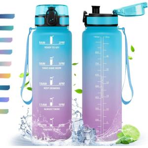 HoneyHolly Gourde, 500/1000/1500ml Gourde Sport, Gourde Filtre et Marqueur de Temps, Gourde d&rsquo;eau, Sans BPA, Bouteille d&rsquo;eau pour Sport, Fitness, Yoga, L&rsquo;école, Bureau(Bleu & Violet-1l)