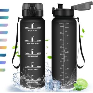 HoneyHolly Gourde, 500/1000/1500ml Gourde Sport, Gourde Filtre et Marqueur de Temps, Gourde d&rsquo;eau, Sans BPA, Bouteille d&rsquo;eau pour Sport, Fitness, Yoga, L&rsquo;école, Bureau(Noir-1l)