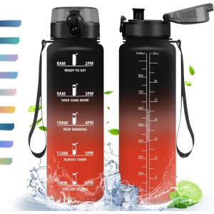 HoneyHolly Gourde, 500/1000/1500ml Gourde Sport, Gourde Filtre et Marqueur de Temps, Gourde d&rsquo;eau, Sans BPA, Bouteille d&rsquo;eau pour Sport, Fitness, Yoga, L&rsquo;école, Bureau(Noir & Rouge-1l)