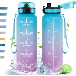 HoneyHolly Gourde, 500/1000/1500ml Gourde Sport, Gourde Filtre et Marqueur de Temps, Gourde d&rsquo;eau, Sans BPA, Bouteille d&rsquo;eau pour Sport, Fitness, Yoga, L&rsquo;école, Bureau(Bleu & Violet-0.5l)