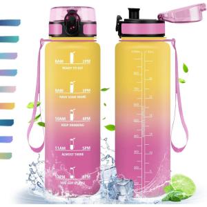 HoneyHolly Gourde, 500/1000/1500ml Gourde Sport, Gourde Filtre et Marqueur de Temps, Gourde d&rsquo;eau, Sans BPA, Bouteille d&rsquo;eau pour Sport, Fitness, Yoga, L&rsquo;école, Bureau(Jaune & Rose-1l)