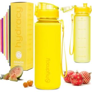 Hydracy Gourde d&rsquo;Eau 1L sans BPA, Bouteille avec Marqueur de Temps, Infuseur et Verrouillage Sécurisé – Housse en Néoprène, Étanche, Anti-Fuite, Réutilisable, Légère – Idéal pour Sport, École, Travail(Sunny Yellow)