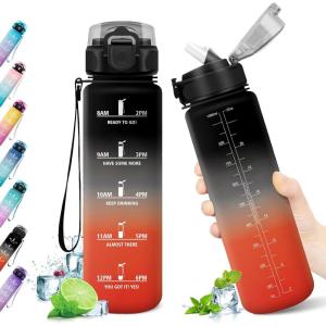 KollyKolla Gourde 500ml, Bouteille d&rsquo;eau Enfant, Gourde Paille, Étanche & Réutilisable, Sport avec Marqueur de Temps, Motivation pour Enfant, Cyclisme, Bureau, Camping, l&rsquo;école(32oz-1000ml | Paille | Noir + Rouge)