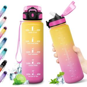 KollyKolla Gourde 500ml, Bouteille d&rsquo;eau Enfant, Gourde Paille, Étanche & Réutilisable, Sport avec Marqueur de Temps, Motivation pour Enfant, Cyclisme, Bureau, Camping, l&rsquo;école(32oz-1000ml | Paille | Jaune + Rose)