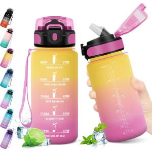 KollyKolla Gourde 500ml, Bouteille d&rsquo;eau Enfant, Gourde Paille, Étanche & Réutilisable, Sport avec Marqueur de Temps, Motivation pour Enfant, Cyclisme, Bureau, Camping, l&rsquo;école(17oz-500ml | Paille | Jaune + Rose)