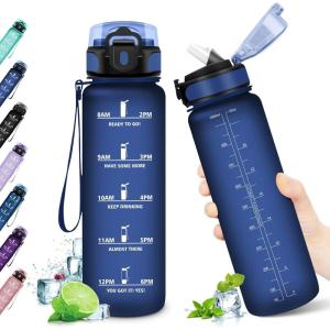 KollyKolla Gourde 500ml, Bouteille d&rsquo;eau Enfant, Gourde Paille, Étanche & Réutilisable, Sport avec Marqueur de Temps, Motivation pour Enfant, Cyclisme, Bureau, Camping, l&rsquo;école(32oz-1000ml | Paille | Mat Marine Bleu)