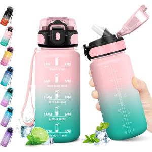 KollyKolla Gourde 500ml, Bouteille d&rsquo;eau Enfant, Gourde Paille, Étanche & Réutilisable, Sport avec Marqueur de Temps, Motivation pour Enfant, Cyclisme, Bureau, Camping, l&rsquo;école(17oz-500ml | Paille | Rose + Cyan)