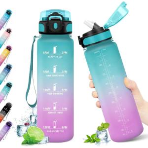 KollyKolla Gourde 500ml, Bouteille d&rsquo;eau Enfant, Gourde Paille, Étanche & Réutilisable, Sport avec Marqueur de Temps, Motivation pour Enfant, Cyclisme, Bureau, Camping, l&rsquo;école(32oz-1000ml | Paille | Vert + Rose Clair)