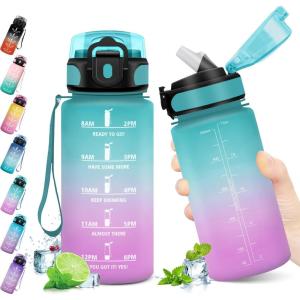 KollyKolla Gourde 500ml, Bouteille d&rsquo;eau Enfant, Gourde Paille, Étanche & Réutilisable, Sport avec Marqueur de Temps, Motivation pour Enfant, Cyclisme, Bureau, Camping, l&rsquo;école(17oz-500ml | Paille | Vert + Rose Clair)