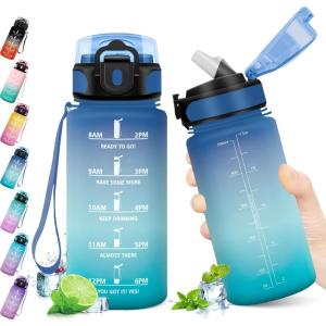 KollyKolla Gourde 500ml, Bouteille d&rsquo;eau Enfant, Gourde Paille, Étanche & Réutilisable, Sport avec Marqueur de Temps, Motivation pour Enfant, Cyclisme, Bureau, Camping, l&rsquo;école(17oz-500ml | Paille | Bleu + Vert)