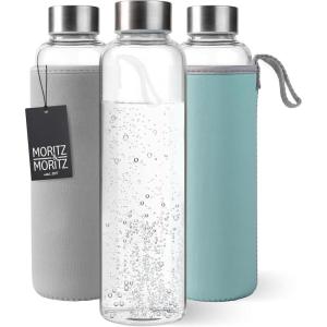 Moritz & Moritz Gourde en verre 500 ml – Convient pour les boissons gazeuses et anti-fuite – Bouteille en verre pour le sport, l&rsquo;école, l&rsquo;université ou le travail – Avec housse de protection(500 ml)