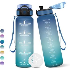 Motswedi Gourde 1l, Anti-Fuite, Gourde Sport, avec Marqueur de Temps, Bouteille d&rsquo;eau, Réutilisable, Bouteille, Sans BPA, pour Sport, Yoga, Fitness, Randonnée, Jaune Rose(Bleu&vert-1000ml)