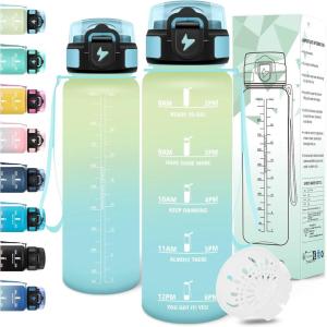 Motswedi Gourde 1l, Anti-Fuite, Gourde Sport, avec Marqueur de Temps, Bouteille d&rsquo;eau, Réutilisable, Bouteille, Sans BPA, pour Sport, Yoga, Fitness, Randonnée, Jaune Rose(Blanc Cassé Bleu Clair)