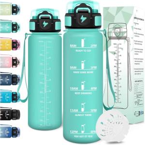 Motswedi Gourde 1l, Anti-Fuite, Gourde Sport, avec Marqueur de Temps, Bouteille d&rsquo;eau, Réutilisable, Bouteille, Sans BPA, pour Sport, Yoga, Fitness, Randonnée, Jaune Rose(Bleu Vert 325c)