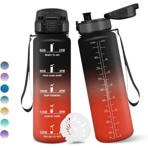 Motswedi Gourde 1l, Anti-Fuite, Gourde Sport, avec Marqueur de Temps, Bouteille d&rsquo;eau, Réutilisable, Bouteille, Sans BPA, pour Sport, Yoga, Fitness, Randonnée, Jaune Rose(Noir&rouge-1000ml)