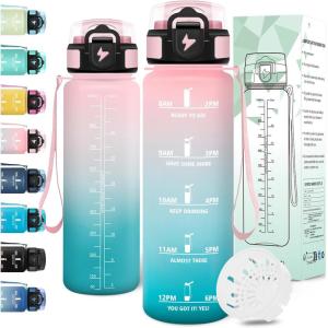 Motswedi Gourde 1l, Anti-Fuite, Gourde Sport, avec Marqueur de Temps, Bouteille d&rsquo;eau, Réutilisable, Bouteille, Sans BPA, pour Sport, Yoga, Fitness, Randonnée, Jaune Rose(Rose-vert)