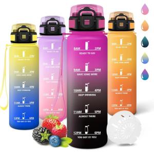 Motswedi Gourde 1l, Réutilisable, Gourde Sport, Anti-Fuite, Bouteille d&rsquo;eau, avec Marqueur de Temps, Bouteille, Sans BPA, pour Fitness, Sport, Yoga, Randonnée, Ambre&Orange(Violet&noir-1000ml)