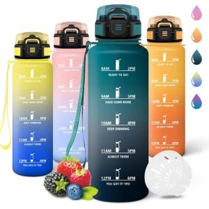 Motswedi Gourde 1l, Réutilisable, Gourde Sport, Anti-Fuite, Bouteille d&rsquo;eau, avec Marqueur de Temps, Bouteille, Sans BPA, pour Fitness, Sport, Yoga, Randonnée, Ambre&Orange(Vert&gris-1500ml)