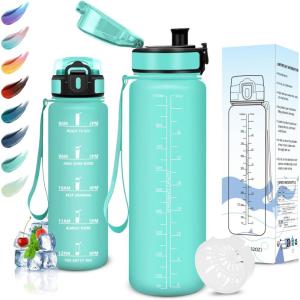 Motswedi Gourde 1l, Réutilisable, Gourde Sport, Anti-Fuite, Bouteille d&rsquo;eau, avec Marqueur de Temps, Bouteille, Sans BPA, pour Fitness, Sport, Yoga, Randonnée, Ambre&Orange(Bleu Vert)