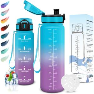 Motswedi Gourde 1l, Réutilisable, Gourde Sport, Anti-Fuite, Bouteille d&rsquo;eau, avec Marqueur de Temps, Bouteille, Sans BPA, pour Fitness, Sport, Yoga, Randonnée, Ambre&Orange(Bleu Violet)