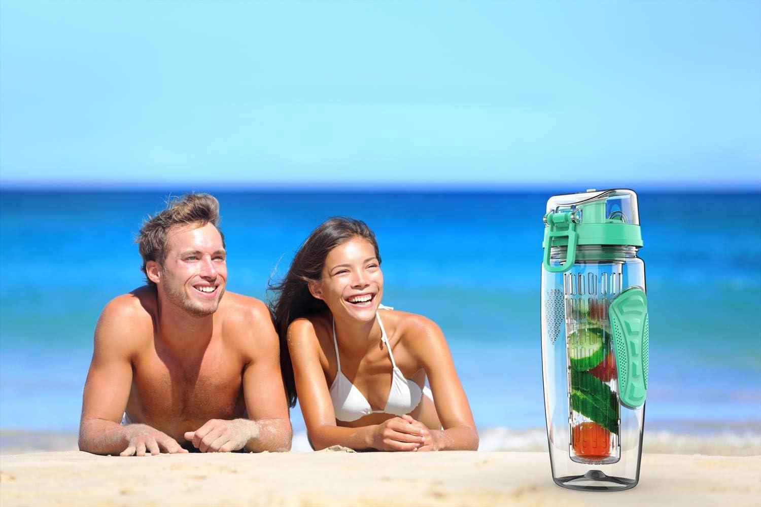 image:imageBouteille deau avec infuseur Fruits 095 l Fabrique en Tritan sans BPA Couvercle Rabat AntiFuite Convient pour Le Sports et Le CampingMenthe Verte