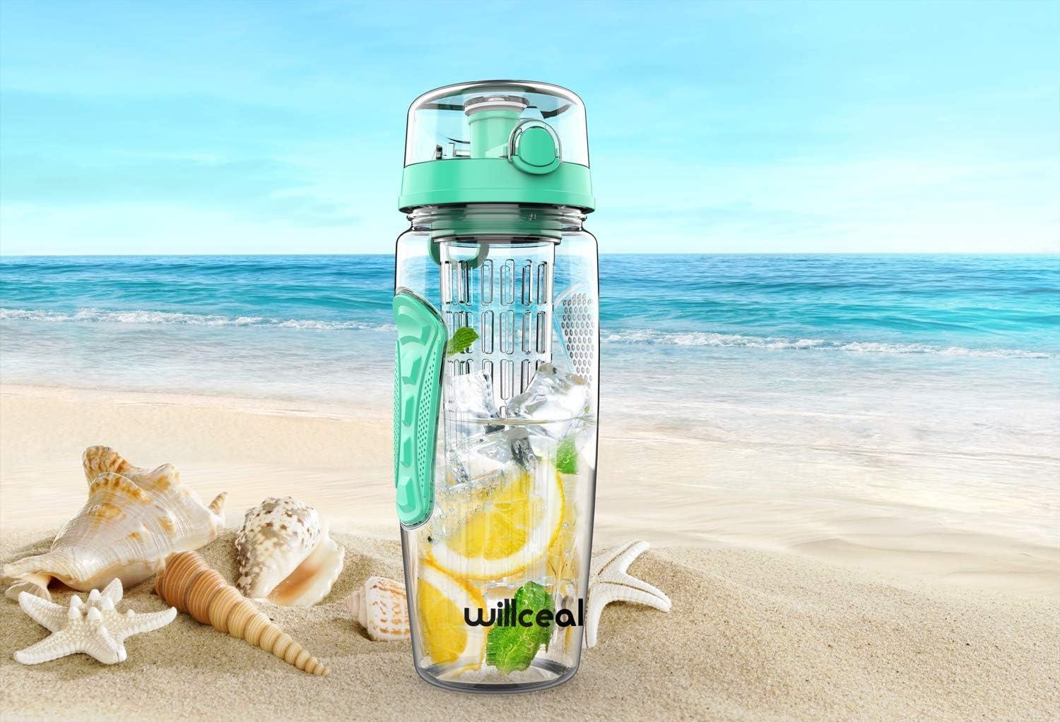 image:imageBouteille deau avec infuseur Fruits 095 l Fabrique en Tritan sans BPA Couvercle Rabat AntiFuite Convient pour Le Sports et Le CampingMenthe Verte