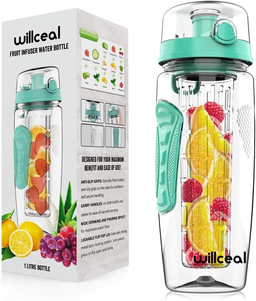image:imageBouteille deau avec infuseur Fruits 095 l Fabrique en Tritan sans BPA Couvercle Rabat AntiFuite Convient pour Le Sports et Le CampingMenthe Verte