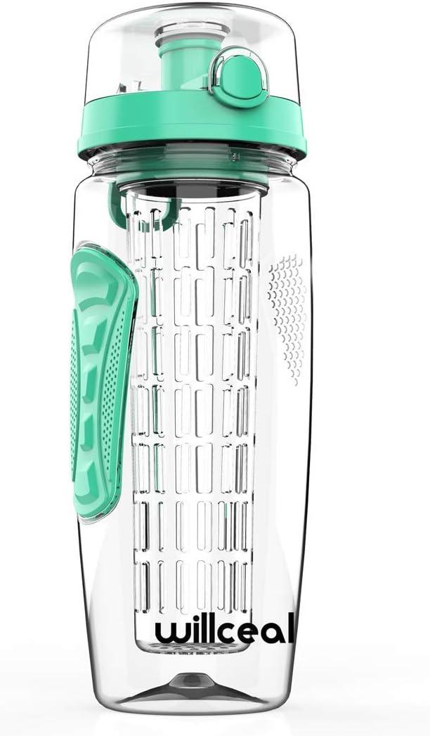 image:imageBouteille deau avec infuseur Fruits 095 l Fabrique en Tritan sans BPA Couvercle Rabat AntiFuite Convient pour Le Sports et Le CampingMenthe Verte