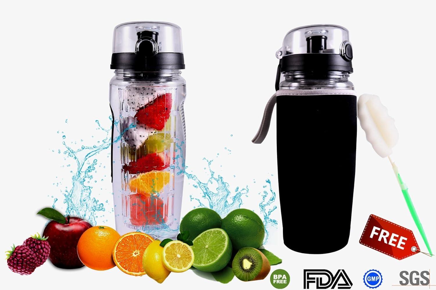 image:imageBouteille deau avec infuseur Fruits 095 l Fabrique en Tritan sans BPA Couvercle Rabat AntiFuite Convient pour Le Sports et Le CampingNoir