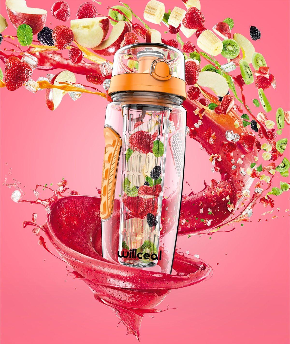 image:imageBouteille deau avec infuseur Fruits 095 l Fabrique en Tritan sans BPA Couvercle Rabat AntiFuite Convient pour Le Sports et Le CampingOrange
