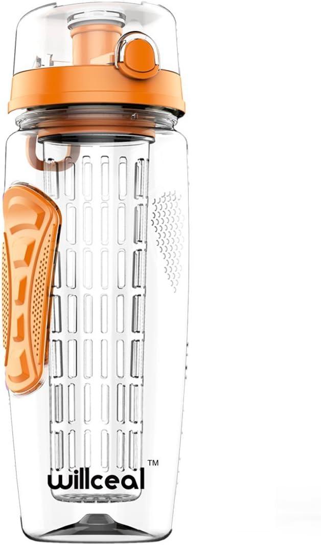 image:imageBouteille deau avec infuseur Fruits 095 l Fabrique en Tritan sans BPA Couvercle Rabat AntiFuite Convient pour Le Sports et Le CampingOrange