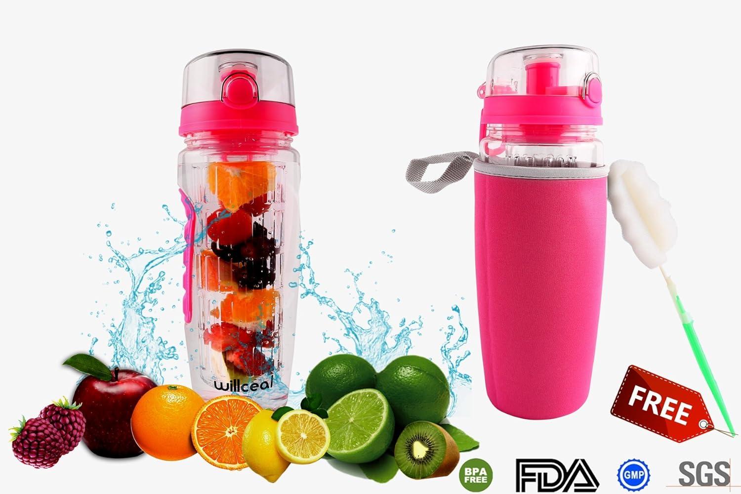 image:imageBouteille deau avec infuseur Fruits 095 l Fabrique en Tritan sans BPA Couvercle Rabat AntiFuite Convient pour Le Sports et Le CampingRose