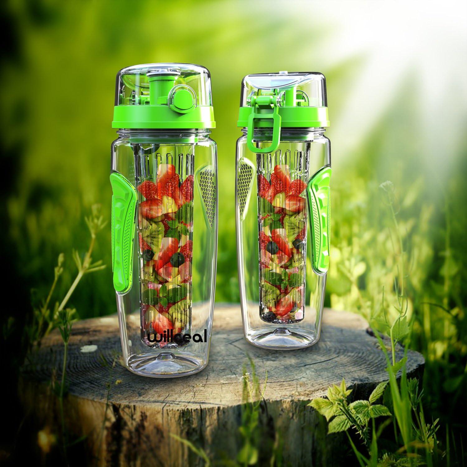 image:imageBouteille deau avec infuseur Fruits 095 l Fabrique en Tritan sans BPA Couvercle Rabat AntiFuite Convient pour Le Sports et Le CampingVert