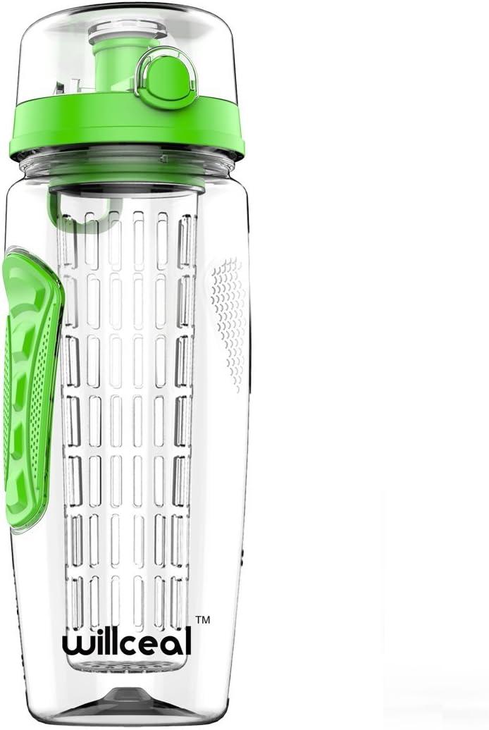image:imageBouteille deau avec infuseur Fruits 095 l Fabrique en Tritan sans BPA Couvercle Rabat AntiFuite Convient pour Le Sports et Le CampingVert