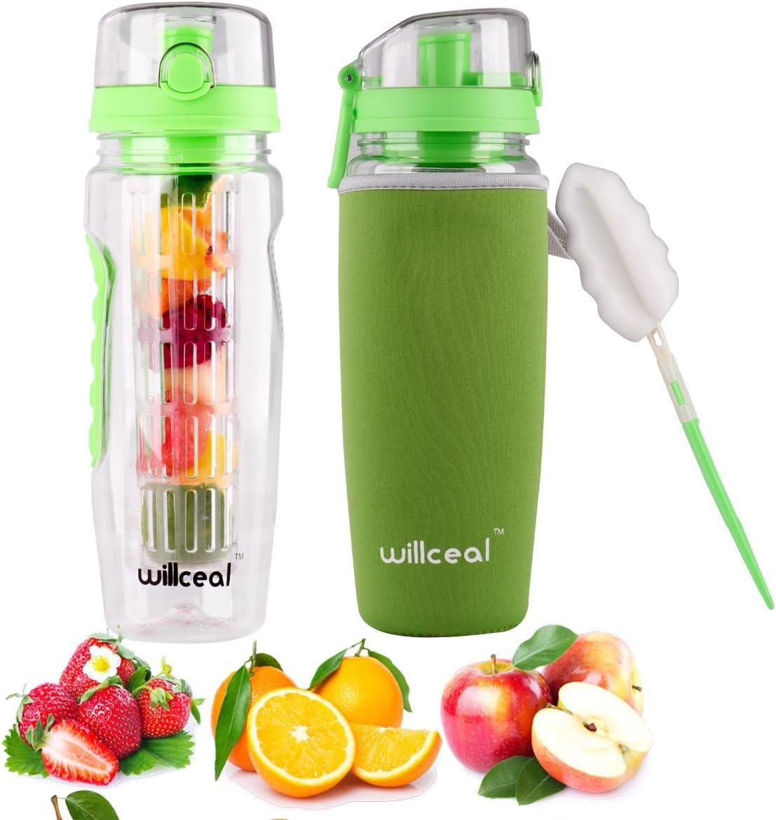 image:imageBouteille deau avec infuseur Fruits 095 l Fabrique en Tritan sans BPA Couvercle Rabat AntiFuite Convient pour Le Sports et Le CampingVert