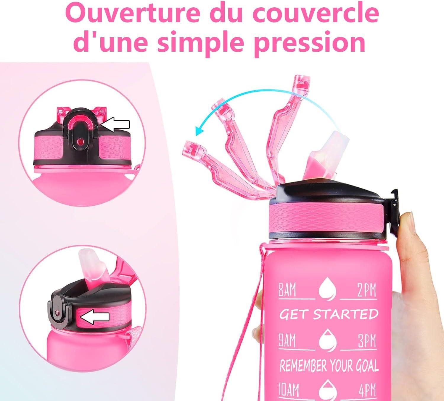 image:imageGourde 1L avec Paille et Marqueur de Temps Gourde de Sport Sans BPA et tanche Bouteille dEau Rutilisable pour Enfants et Adultes Idale pour Salle de Sport Vlo EntranementRose et Bleu