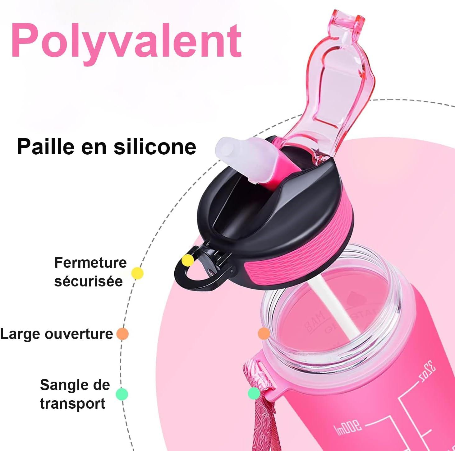 image:imageGourde 1L avec Paille et Marqueur de Temps Gourde de Sport Sans BPA et tanche Bouteille dEau Rutilisable pour Enfants et Adultes Idale pour Salle de Sport Vlo EntranementRose et Bleu