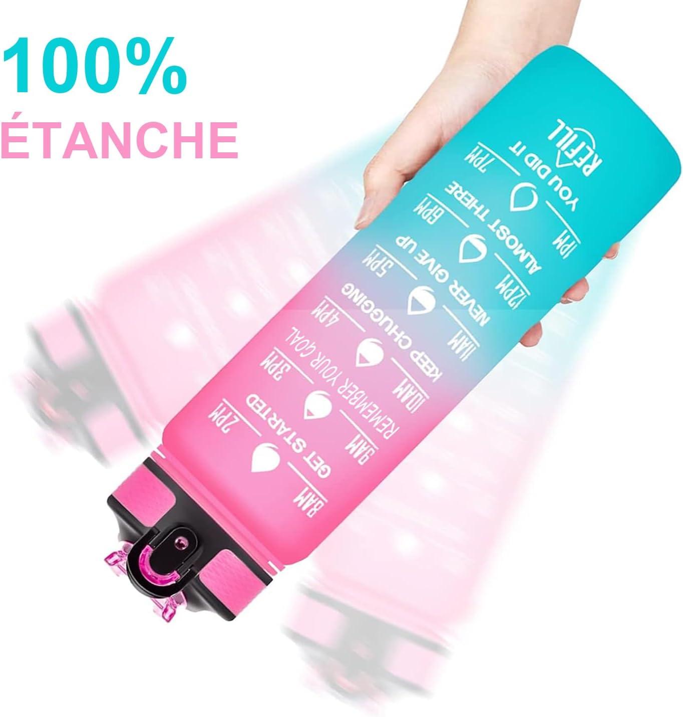image:imageGourde 1L avec Paille et Marqueur de Temps Gourde de Sport Sans BPA et tanche Bouteille dEau Rutilisable pour Enfants et Adultes Idale pour Salle de Sport Vlo EntranementRose et Bleu