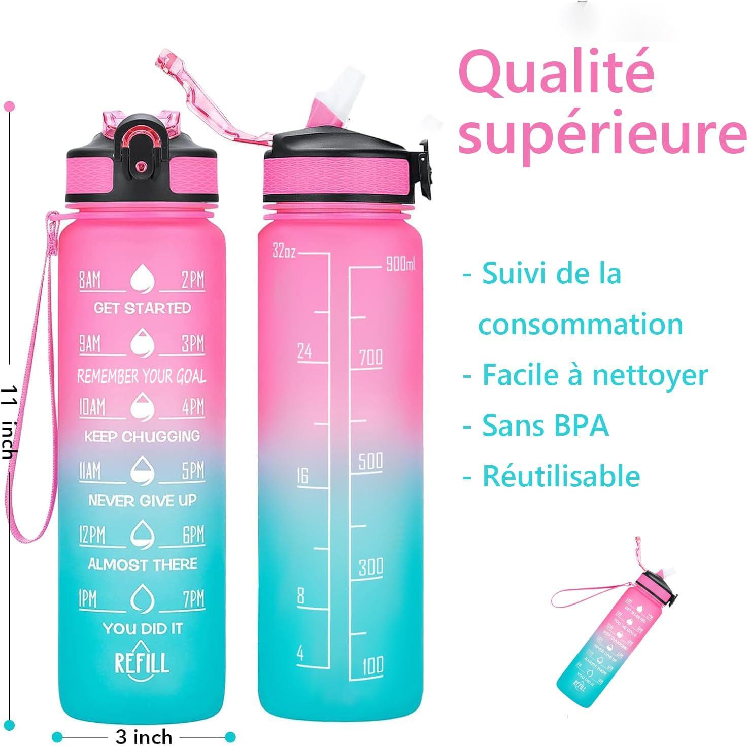 image:imageGourde 1L avec Paille et Marqueur de Temps Gourde de Sport Sans BPA et tanche Bouteille dEau Rutilisable pour Enfants et Adultes Idale pour Salle de Sport Vlo EntranementRose et Bleu