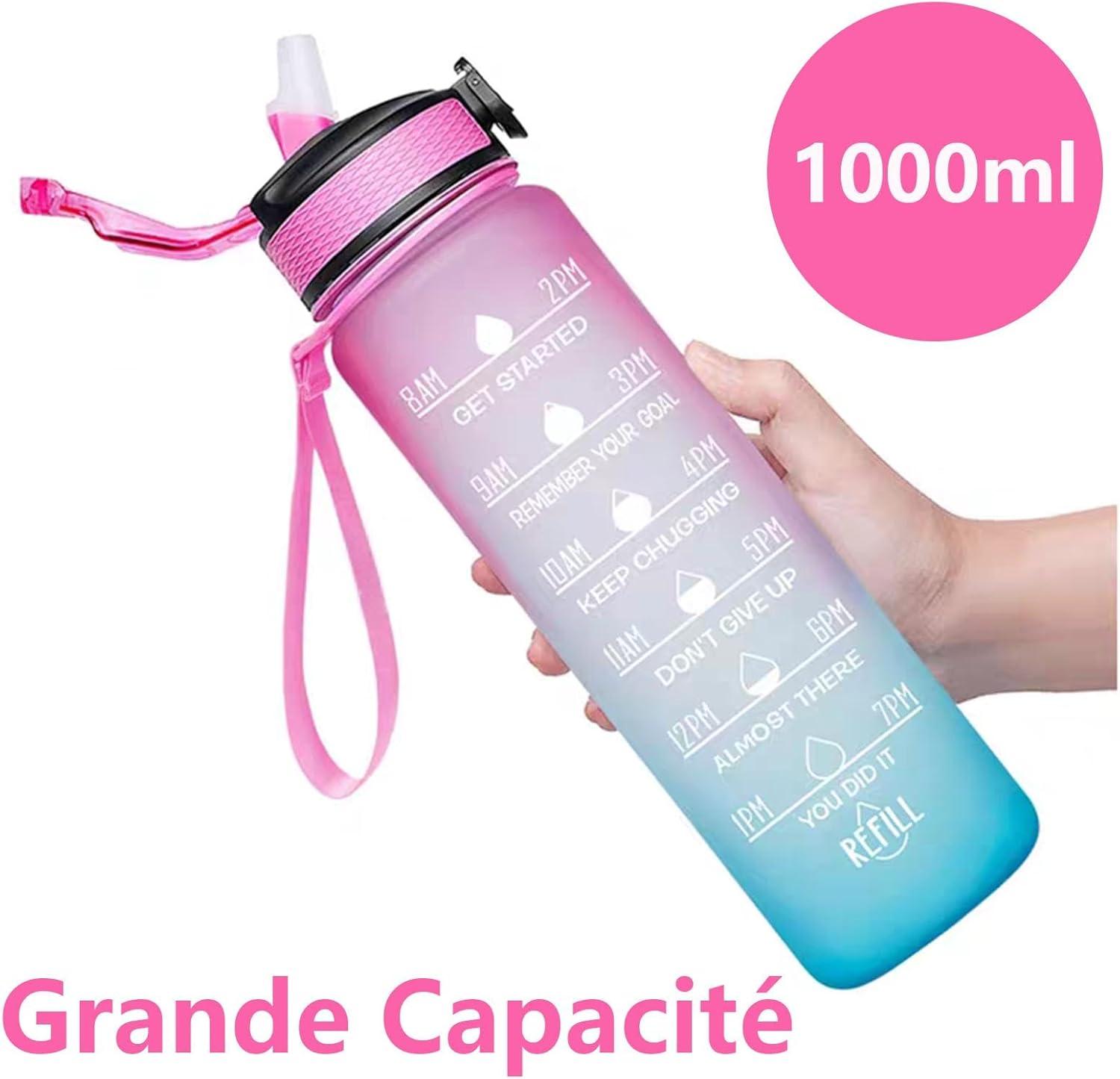 image:imageGourde 1L avec Paille et Marqueur de Temps Gourde de Sport Sans BPA et tanche Bouteille dEau Rutilisable pour Enfants et Adultes Idale pour Salle de Sport Vlo EntranementRose et Bleu