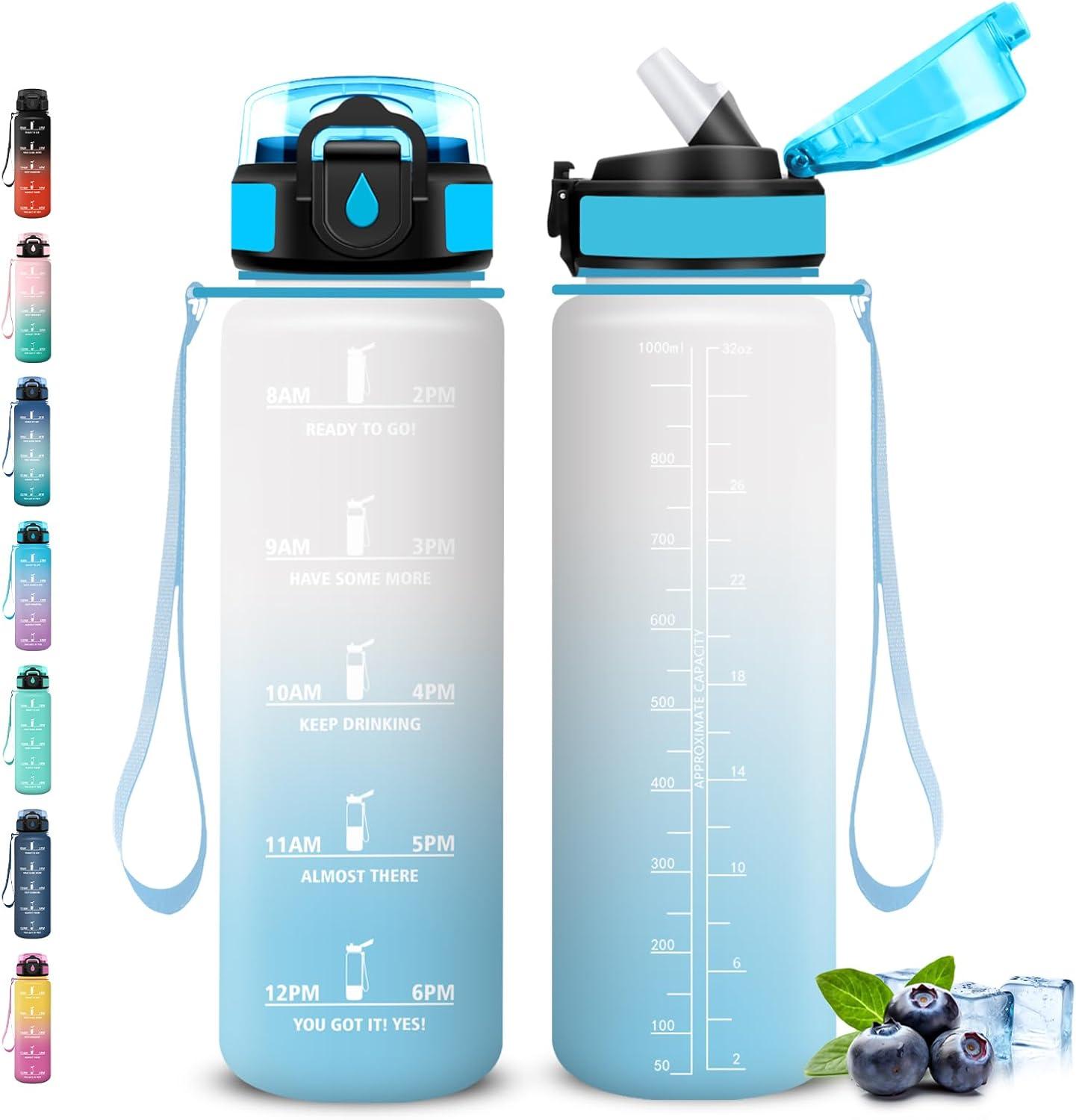 image:imageGourde Gourde 1l avec Paille Gourdes Sport anti Fuite Gourdes Gradue avec Slogan de Motivation Gourd Motivation Facile Nettoyer Bouteille deau pour Aptitude Camping RandonneBlancbleu