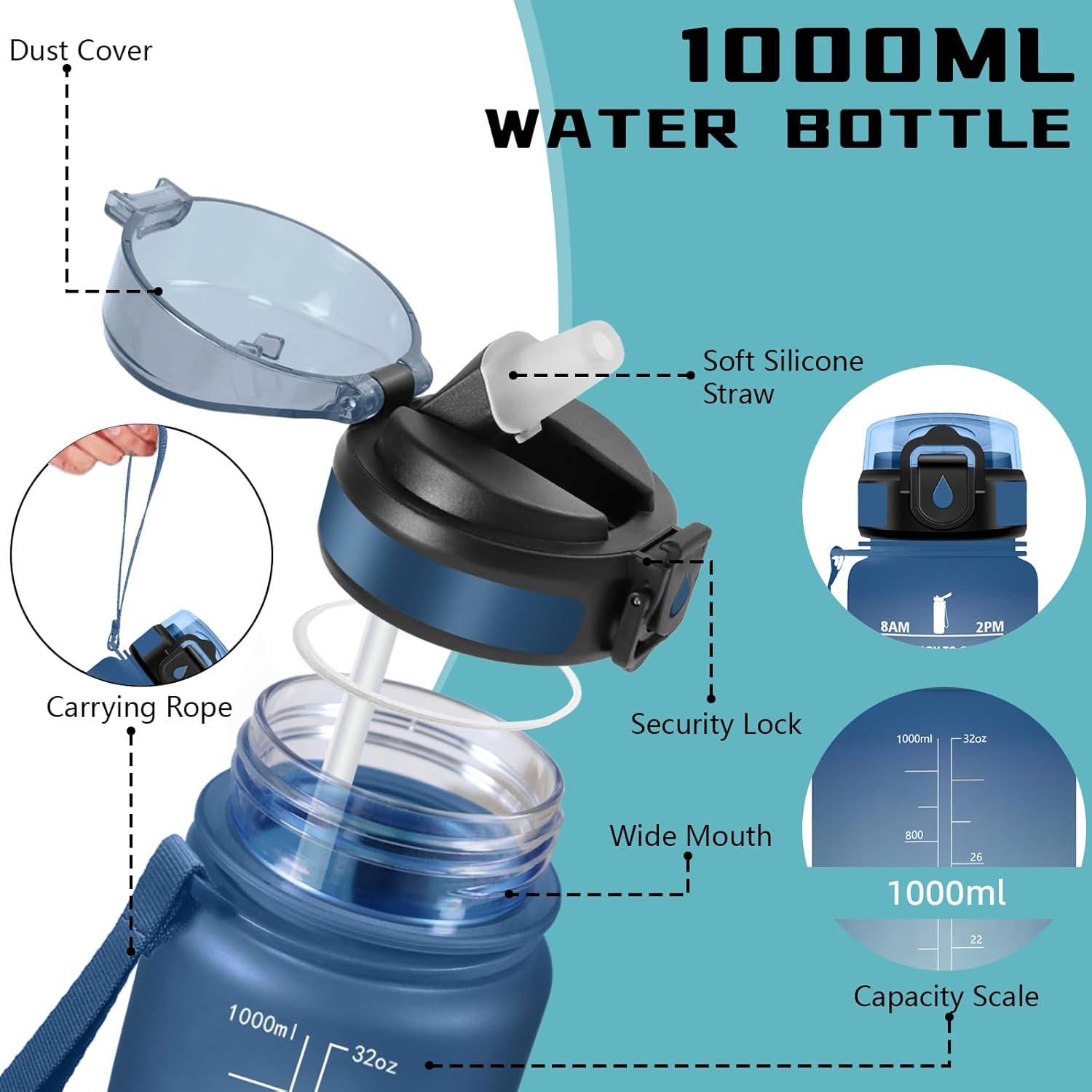 image:imageGourde Gourde 1l avec Paille Gourdes Sport anti Fuite Gourdes Gradue avec Slogan de Motivation Gourd Motivation Facile Nettoyer Bouteille deau pour Aptitude Camping RandonneBleuvert