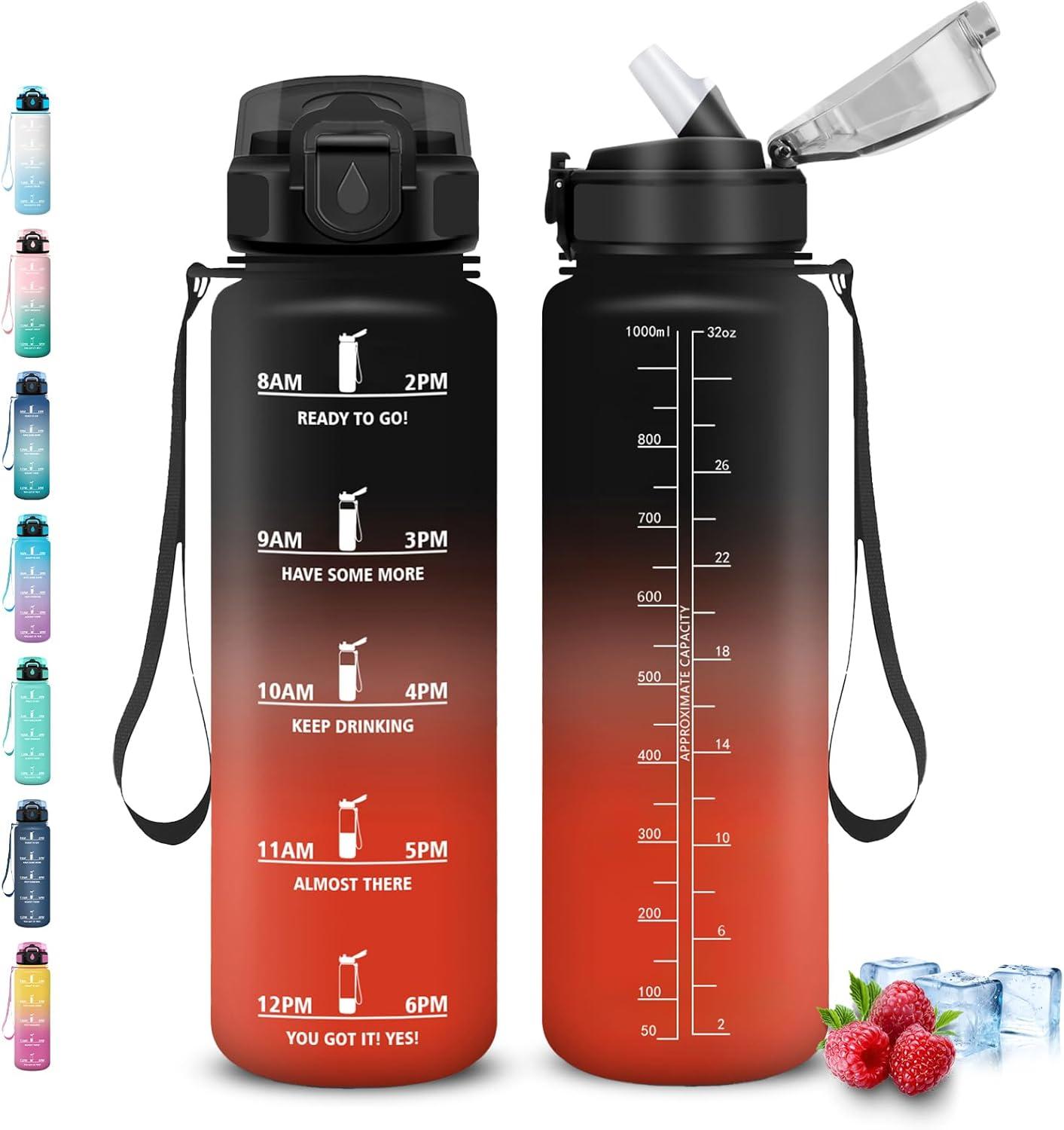 image:imageGourde Gourde 1l avec Paille Gourdes Sport anti Fuite Gourdes Gradue avec Slogan de Motivation Gourd Motivation Facile Nettoyer Bouteille deau pour Aptitude Camping RandonneNoirrouge