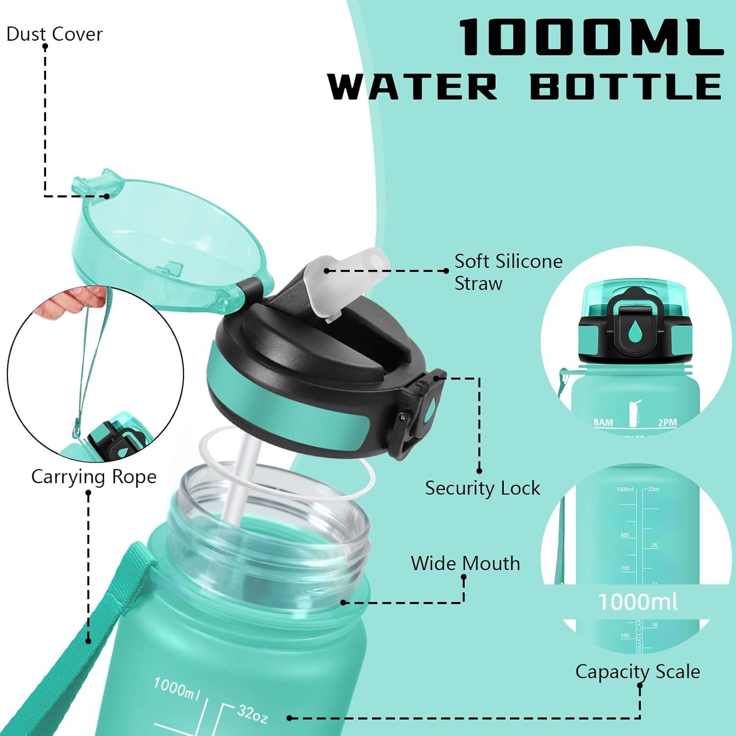 image:imageGourde Gourde 1l avec Paille Gourdes Sport anti Fuite Gourdes Gradue avec Slogan de Motivation Gourd Motivation Facile Nettoyer Bouteille deau pour Aptitude Camping RandonneVert