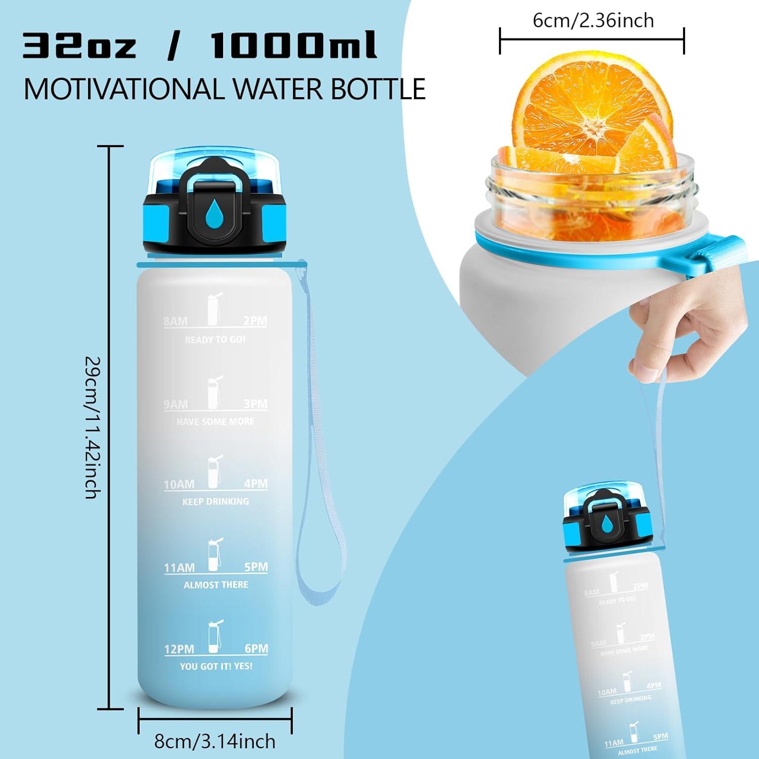 image:imageGourde Gourde 1l avec Paille Gourdes Sport anti Fuite Gourdes Gradue avec Slogan de Motivation Gourd Motivation Facile Nettoyer Bouteille deau pour Aptitude Camping RandonneBlancbleu