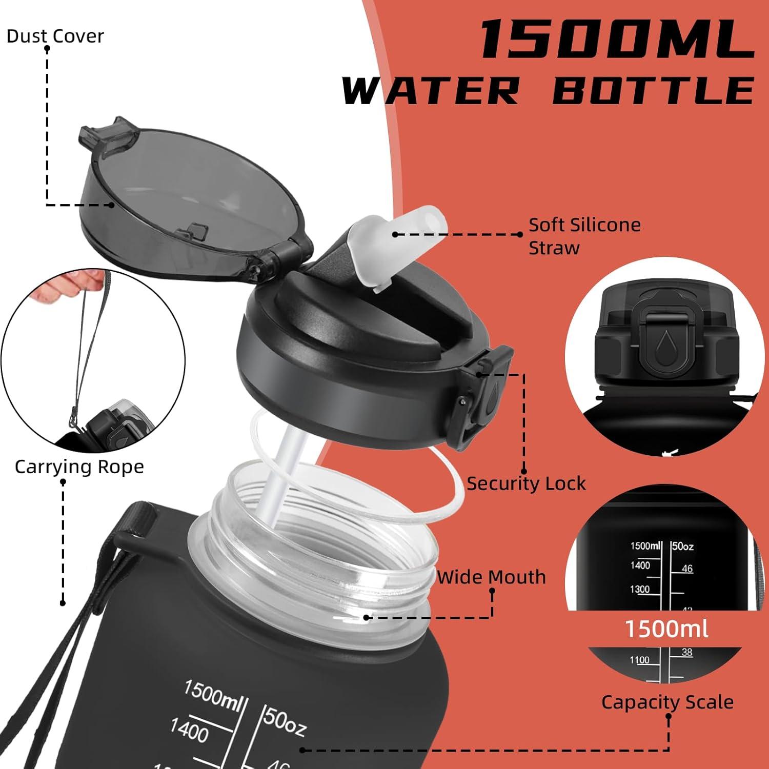 image:imageGourde Gourde 1l avec Paille Gourdes Sport anti Fuite Gourdes Gradue avec Slogan de Motivation Gourd Motivation Facile Nettoyer Bouteille deau pour Aptitude Camping RandonneNoirrouge