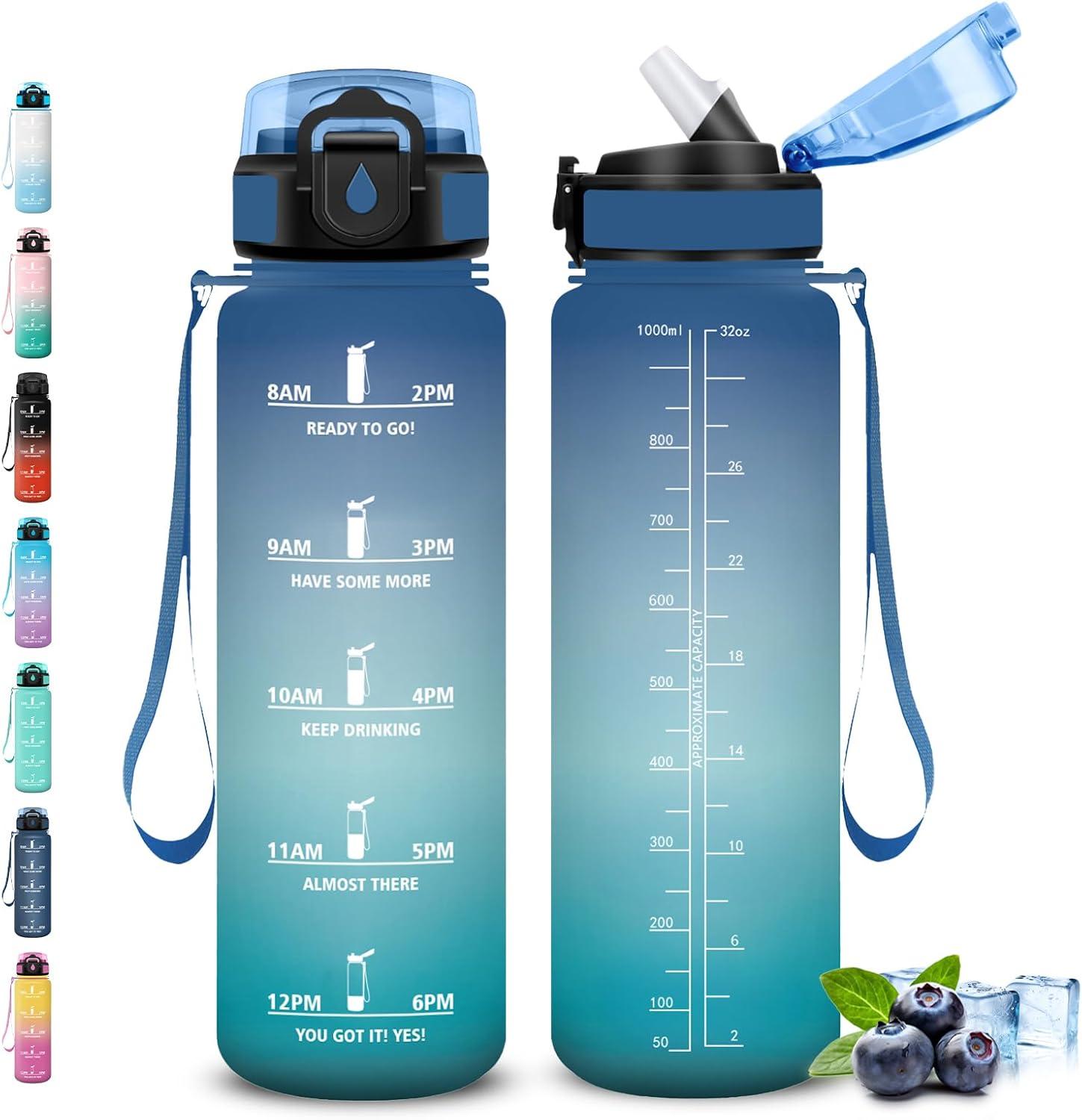 image:imageGourde Gourde 1l avec Paille Gourdes Sport anti Fuite Gourdes Gradue avec Slogan de Motivation Gourd Motivation Facile Nettoyer Bouteille deau pour Aptitude Camping RandonneBleuvert