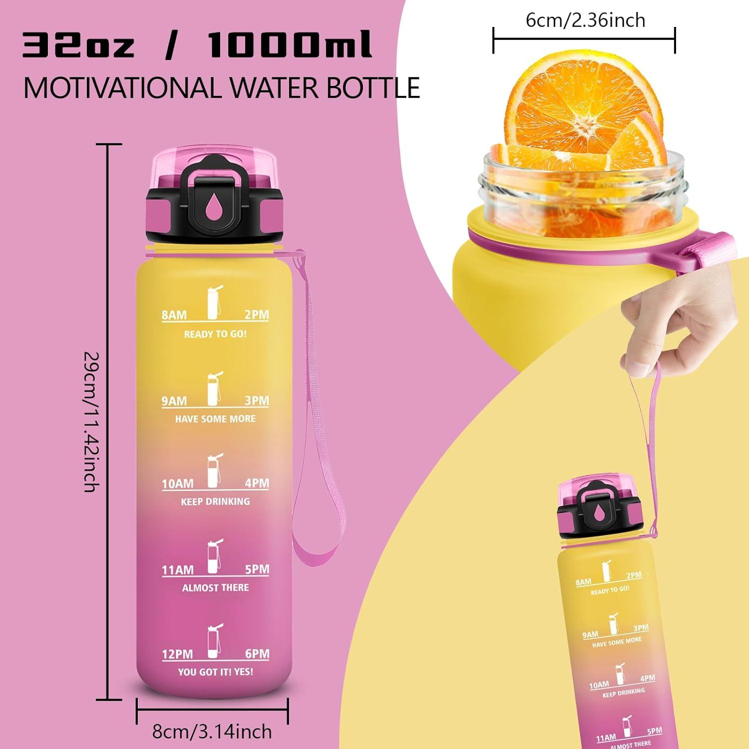image:imageGourde Gourde 1l avec Paille Gourdes Sport anti Fuite Gourdes Gradue avec Slogan de Motivation Gourd Motivation Facile Nettoyer Bouteille deau pour Aptitude Camping RandonneJaunerose