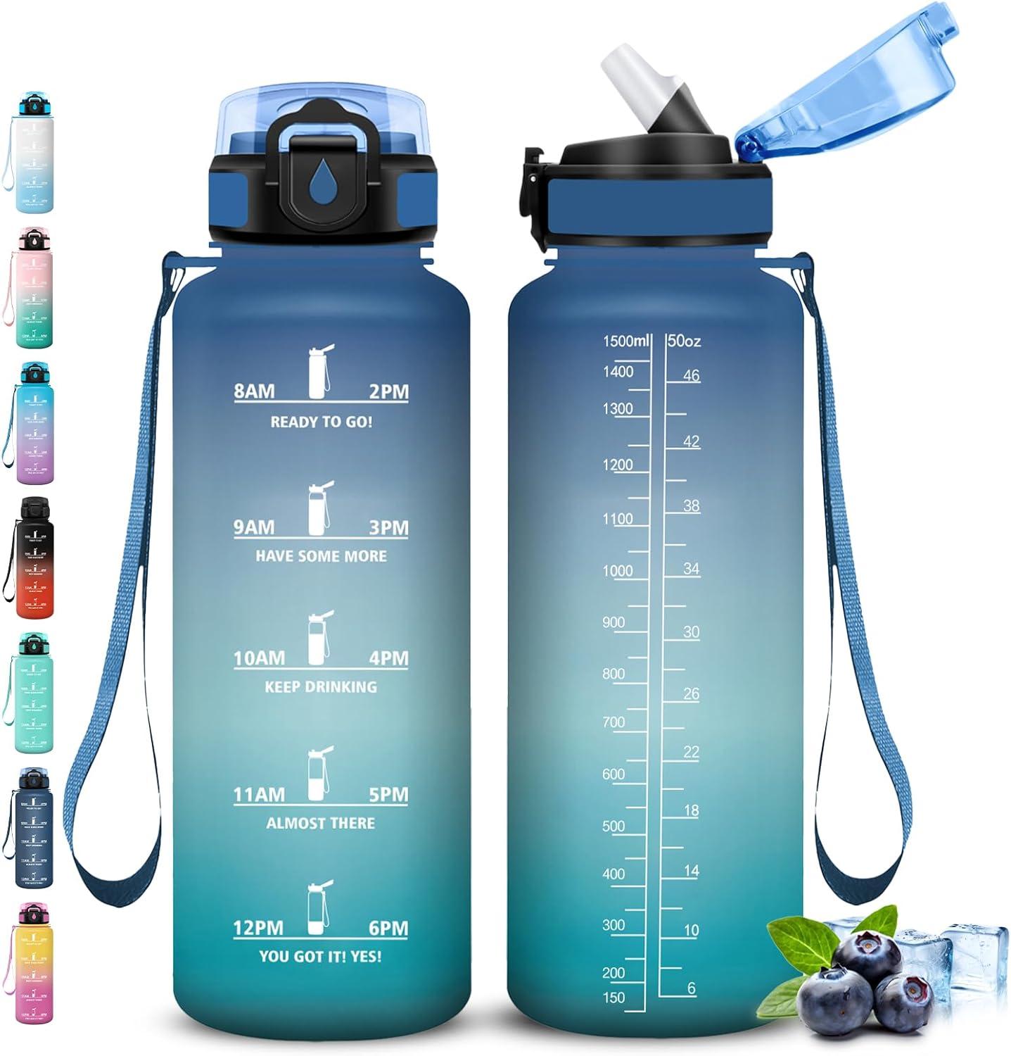 image:imageGourde Gourde 1l avec Paille Gourdes Sport anti Fuite Gourdes Gradue avec Slogan de Motivation Gourd Motivation Facile Nettoyer Bouteille deau pour Aptitude Camping RandonneBleuvert